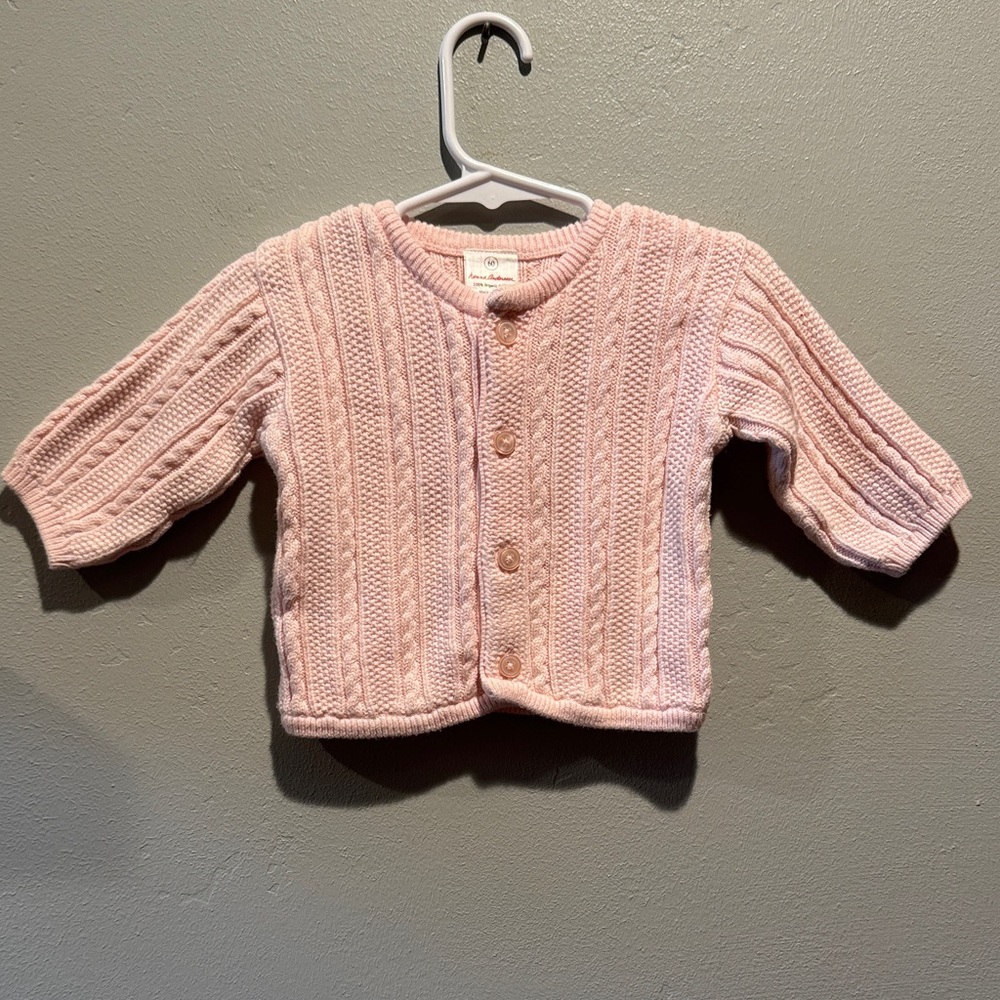 Hanna Andersson Light Pink Cable Knit Baby Cardigan Sweater Organic Cottagecore